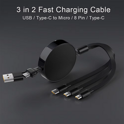 3 in 2 Retractable 100W Fast Charging USB Cable: