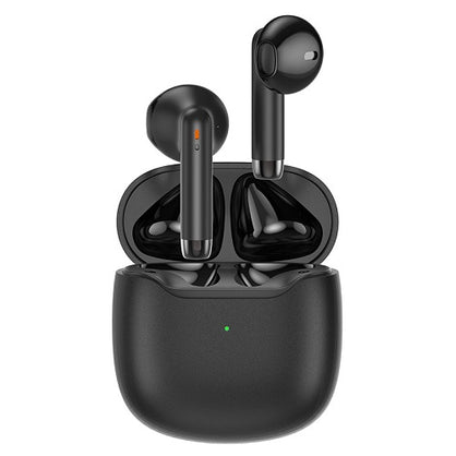 Black wireless earbuds with charging case on a white background