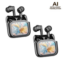 Black wireless earbuds with a charging case on a white background, featuring AI intelligent translation text.