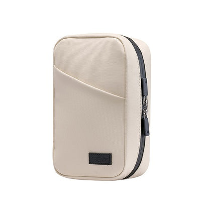 Beige electronic case with a black zipper on a white background