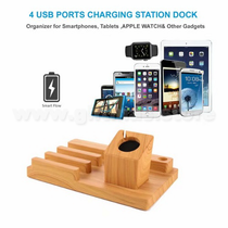 Bamboo USB Charging Station＆Phone stand with 4 USB Ports